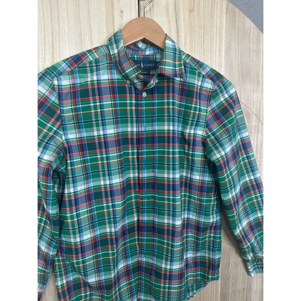 Ralph Lauren Boys L‎ 14-16 Green Plaid Performance Button Down Shirt Christmas